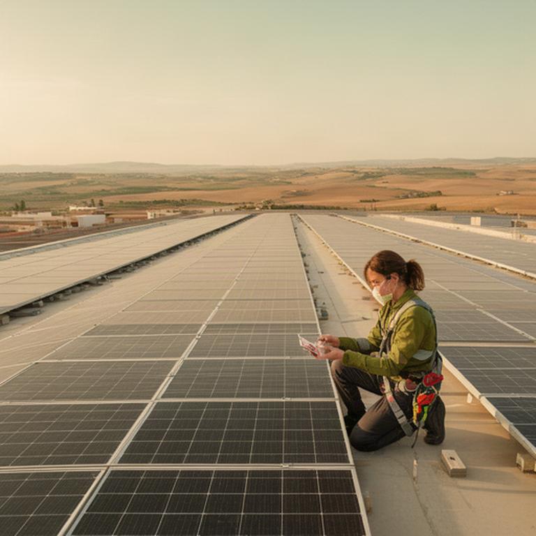 Técnica revisando paneles solares fotovoltaicos sobre la cubierta de una instalación industrial en Castilla-La Mancha