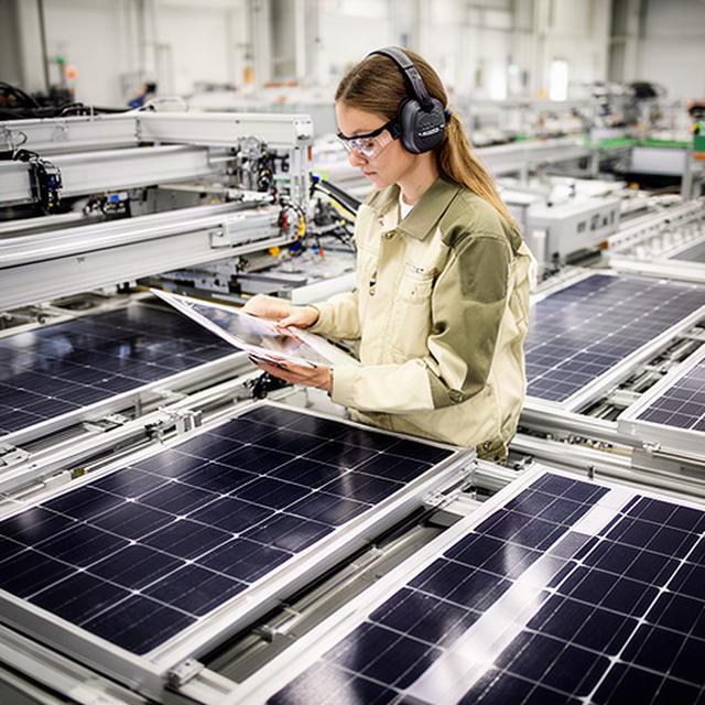 Técnica revisando paneles solares fotovoltaicos en una fábrica de Fuensalida