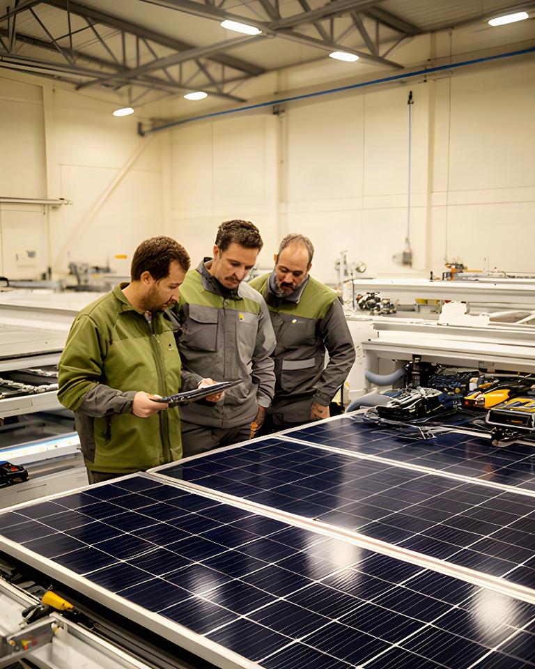 Equipo técnico revisando paneles solares en la planta de fabricación de Fuensalida