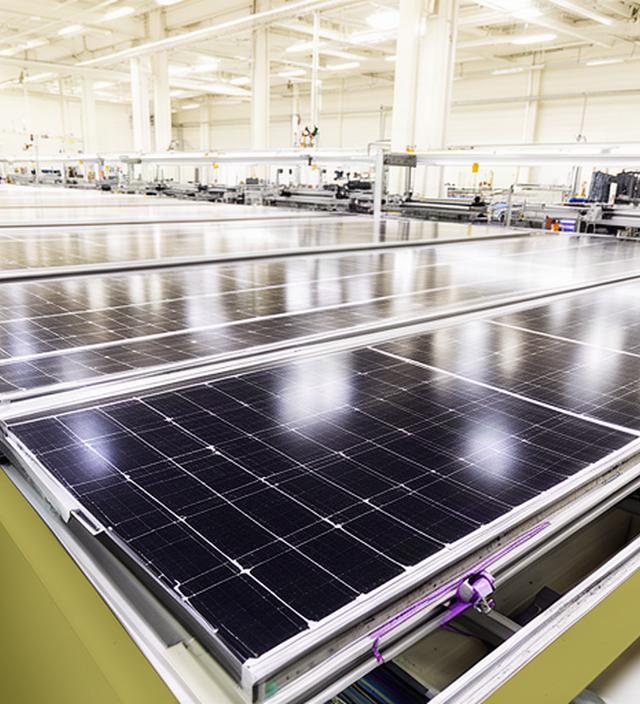 Paneles solares fotovoltaicos alineados en una planta de fabricación luminosa