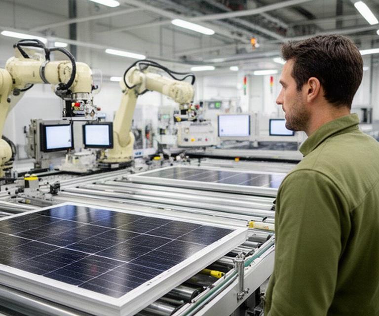 Poio Kriukova, director de producción, supervisando una línea automatizada de ensamblaje solar