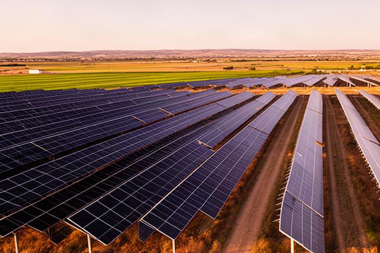 Extensa granja solar fotovoltaica junto a campos agrícolas de Ciudad Real