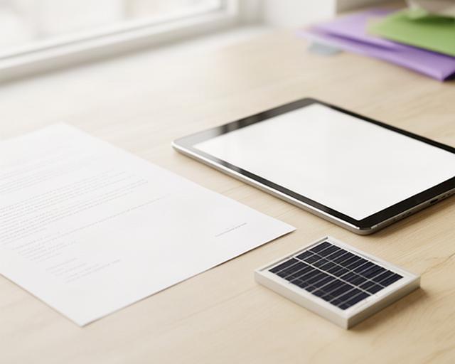 Documento de privacidad junto a una tableta y paneles solares en una mesa de trabajo luminosa