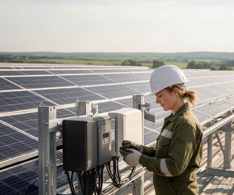 Técnica revisando inversores y estructuras solares en una instalación fotovoltaica industrial
