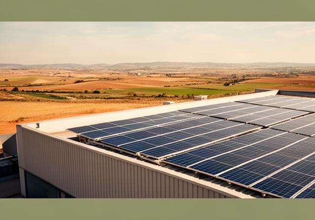 Paneles solares fotovoltaicos instalados en una cubierta industrial de Castilla-La Mancha bajo luz natural